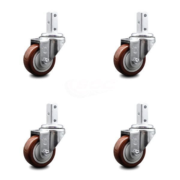 3 Inch Maroon Polyurethane Wheel Swivel 7/8 Inch Square Stem Caster Set SCC